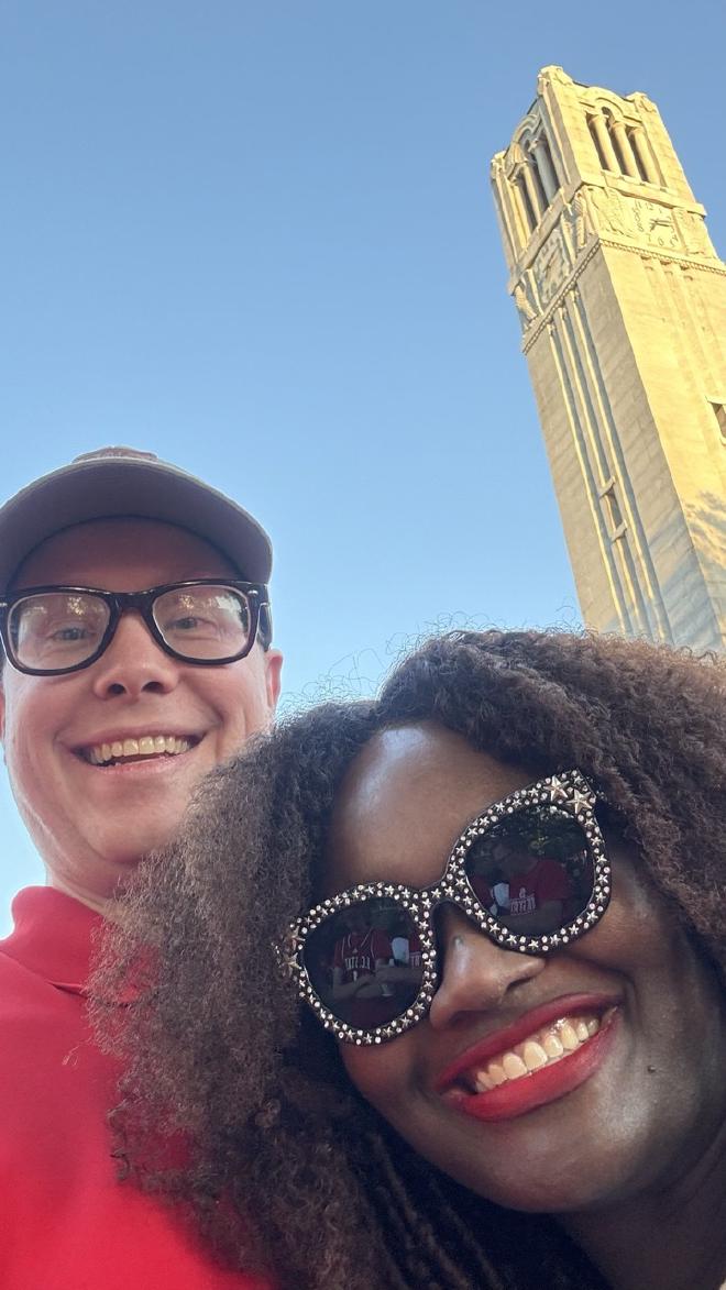 Alan and Amara at the NC State Bell Tower